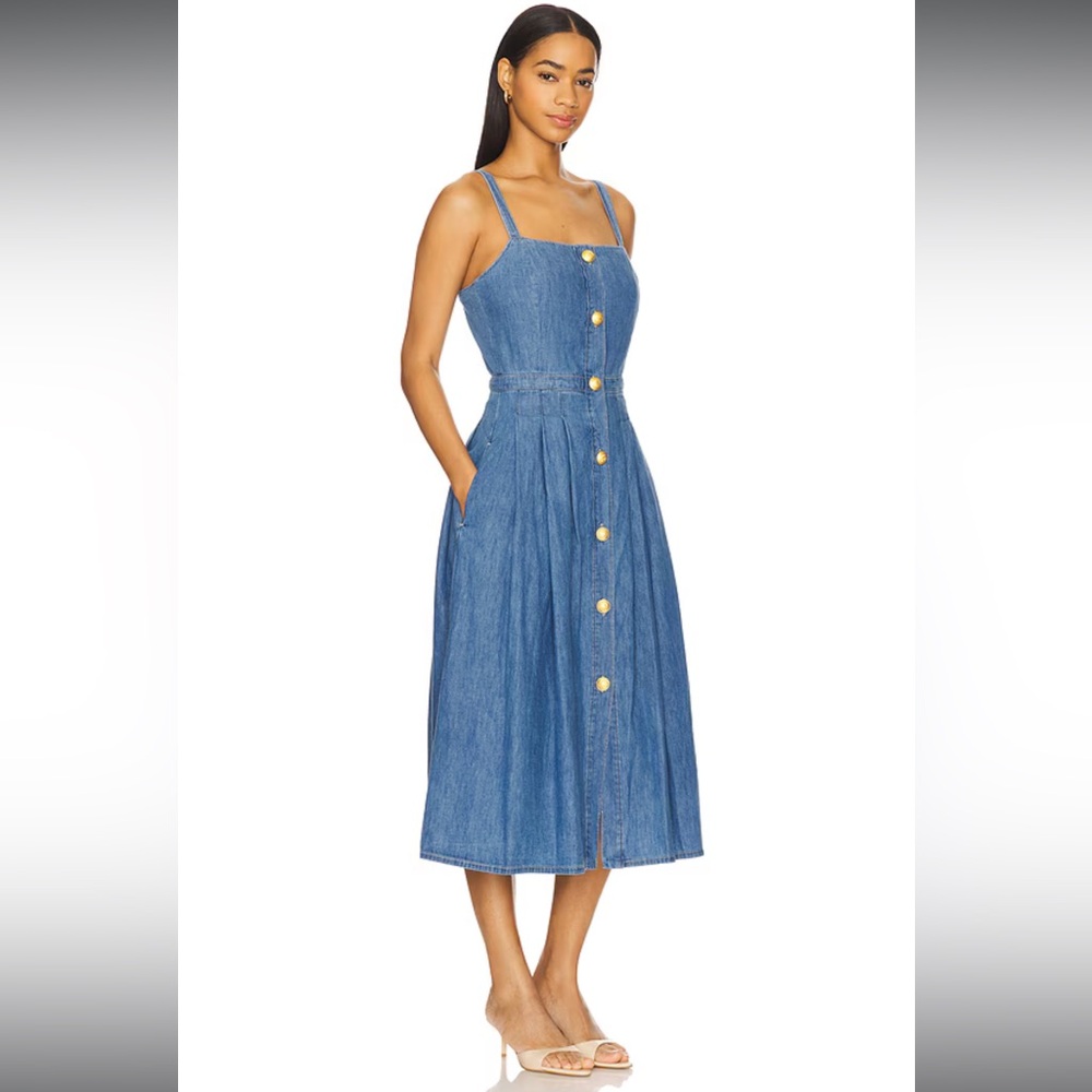 NWT L’Agence Denim Pleated Esmeralda Dress Button Front Blue Jean Stokes Sz 2